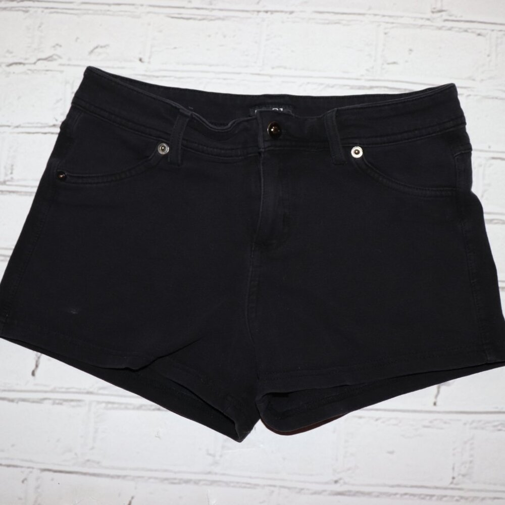 🖤 Rue 21 Black Denim Style Shorts · Juniors Large · 14" Flat Lay